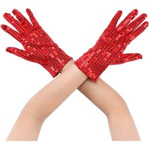 Women's Red Sparkly Sequin Full Finger Sleeves Wrist Gloves Banquet Party Prom